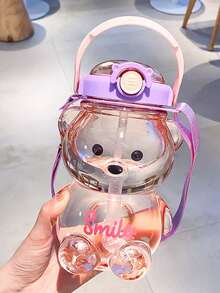 可爱泰迪熊造型儿童水杯，1000毫升（34盎司）大容量防漏水瓶，带吸管，单手即可轻松打开瓶盖，塑料材质，适合儿童、学校、户外活动