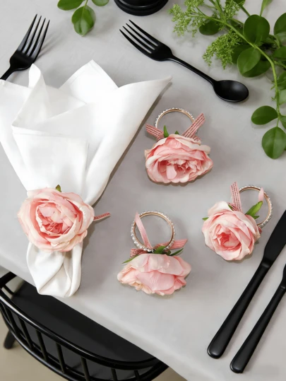 4-12 piezas Anillos para servilletas de flores rosas hechas a mano y realistas, Portaservilletas de rosas rosas para decoración de mesa de comedor, Adecuado para verano, boda, almuerzo, picnic, fiesta, cumpleaños, Navidad, Día de San Valentín, Acción de Gracias