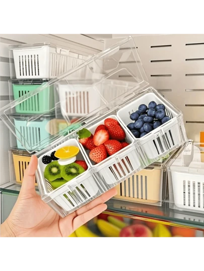 1 Set Reusable Food Storage Containers With Lids, 3-Compartment Transparent Refrigerator Organizer Boxes For Salad, Fruit, Vegetables, Spices, Portable Travel Outdoor Lunch Box