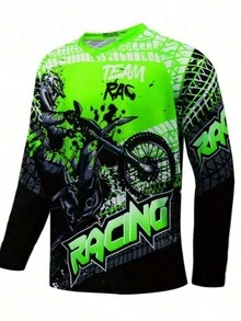 男式长袖 MTB 骑行服 - 全覆盖霓虹绿色图案，吸湿排汗透气涤纶赛车上衣，适合山地自行车、越野自行车 - 四季户外运动服，V 领设计，高品质印花耐用运动服 - 綠色 - 查看 14