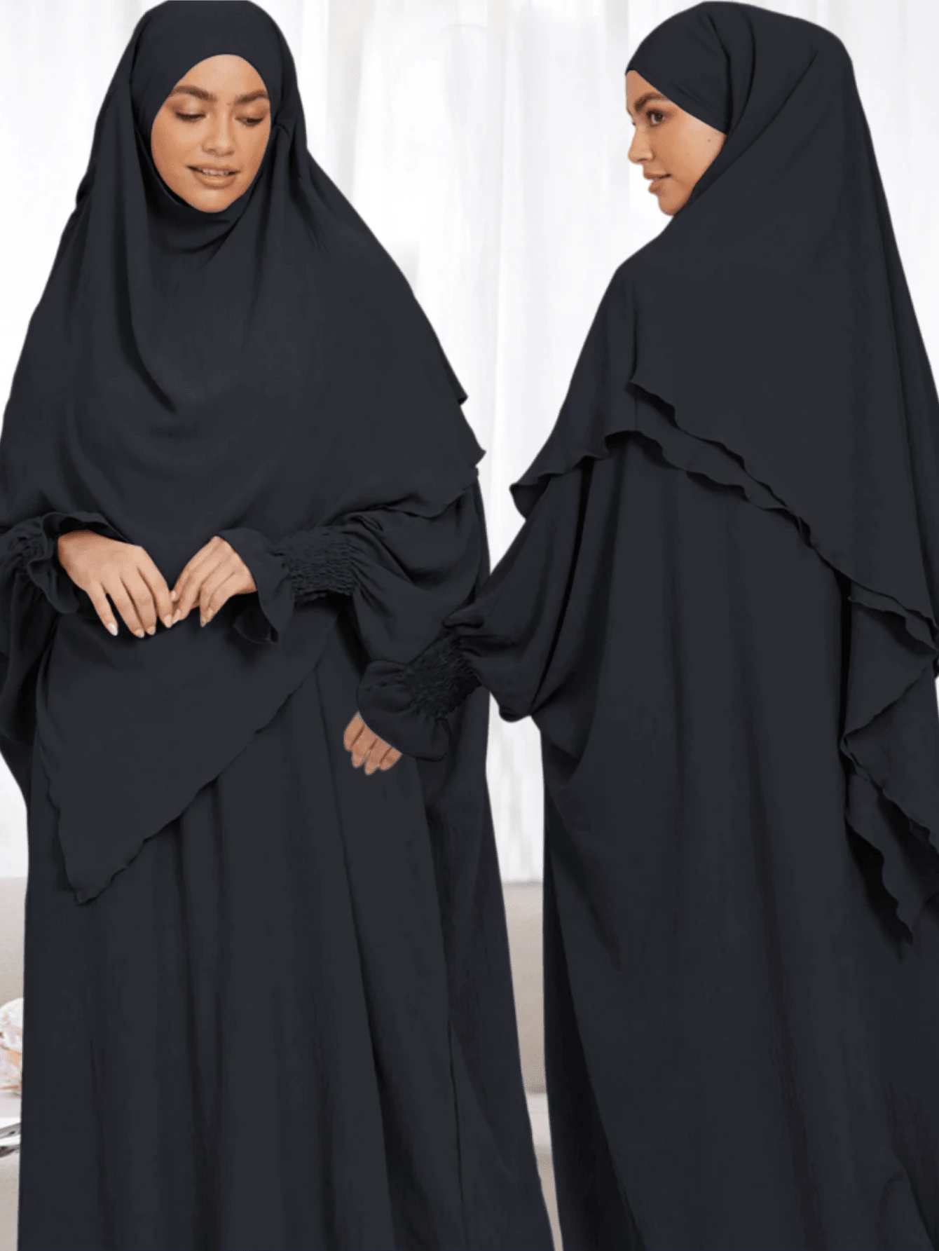 2pcs Set Double Layer Tie Headscarf Khimar + Loose Comfortable Abaya, Convenient For Prayer, Suitable For Muslim Women's Daily Wear And Prayer, All Season - Nhiều màu - Xem 1