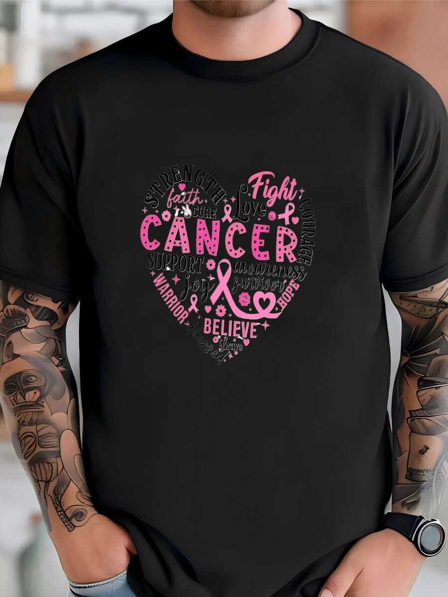 Mens Breast Cancer Heart Shirt, Cancer Awareness Sweatshirt, Pink Ribbon Heart Tee, Motivational Tees, Cancer Gifts For Women, Breast Cancer Gift T-shirt - Negro - Ver 1