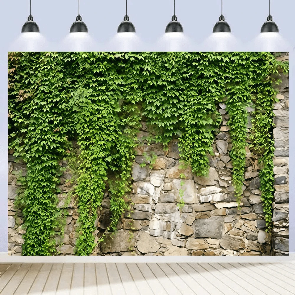 1pc Vintage Stone Wall Backdrop Banner, Decorated With Green Ivy Leaves, Stone Wall Design, Suitable For Holiday Decor, Party Decor, Patio, Garden, Living Room Decor, Live Streaming Background, Wedding, Bridal Shower, Anniversary Decor, Photography Props