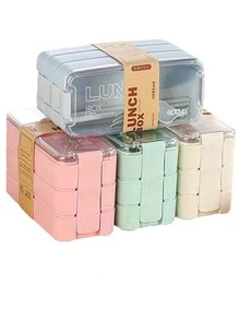 三层午餐盒，三个隔层，可微波炉加热和洗碗机清洗，可堆叠，含叉子和勺子 - 彩色 - 查看 7