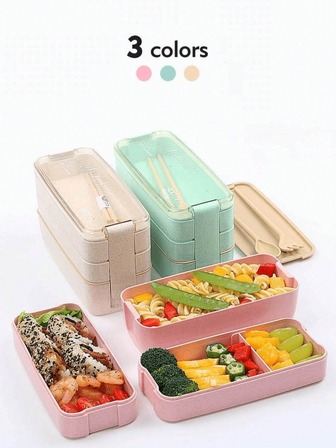 Caja de almuerzo de 3 capas, 3 compartimentos, apta para microondas y lavavajillas, apilable, incluye tenedor y cuchara