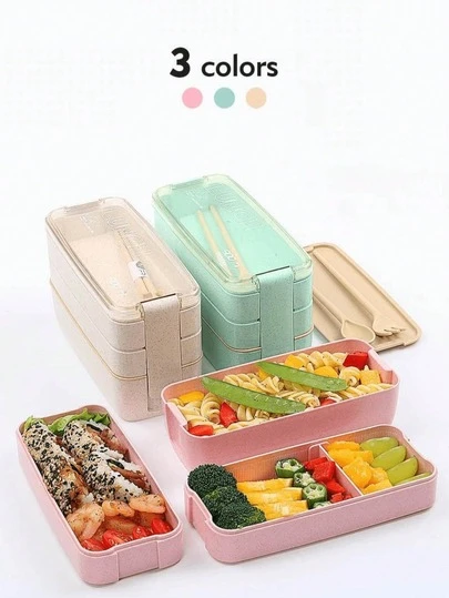 三层午餐盒，三个隔层，可微波炉加热和洗碗机清洗，可堆叠，含叉子和勺子