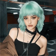 FESHFEN Purple Bob Wig 14 Inch Bob Wigs With Bangs Water Wave Shot Wig,Deep Wave Heat Resistant Fiber Synthetic Wigs For Women Girls Costume Party Or Daily Wear Music Festival, Christmas ,Halloween Cosplay - 薄荷綠 - 查看 8