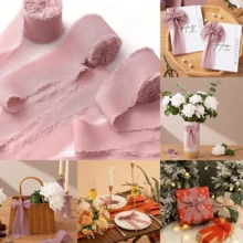 4pcs Powder Chiffon Ribbon For Flower Bouquet, 4cmx5m Fabric Ribbon For Gift Wrapping, Handmade Frayed Ribbon For Wedding/Christmas Decorations,Handmade Chiffon Silk Ribbon Fringe,Burgundy Chiffon Ribbon For Flower Bouquet, Fabric Ribbon For Gift Wrapping, Burgundy Frayed Edges Ribbons For Wedding Invitations Bridal Bouquets Gifts - Pink - View 2