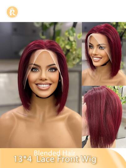 【巴西发假发】（6-16英寸波波头假发）适合黑/棕/酒红/橙色女性的混合发 - 180%密度，13x4无胶蕾丝闭合直发波波头假发 | 混合假发 - 真人发和合成纤维混合，预剪裁，自然外观，适合日常佩戴、派对、约会和度假，派对发型解决方案 | 优雅发型 | 无胶蕾丝假发