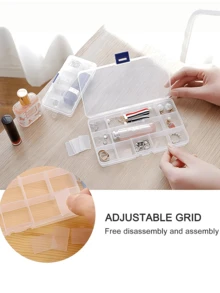 1个桌面收纳盒，10/15/24格设计，塑料材质，带可调节隔板，透明，多用途，可用于收纳工艺品、珠宝、渔具等，方便携带，也可作为户外收纳盒使用。