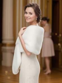 Elegant Solid Color Faux Fur Shawl, Women's Warm Fleece Scarf For Autumn/Winter, Suitable For Wedding, Party, And Evening Gown - White - View 4