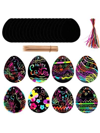 36张复活节彩色刮画工艺纸卡套装，包含涂鸦模板，图案有彩蛋、兔子等，可DIY悬挂装饰品，派对用品