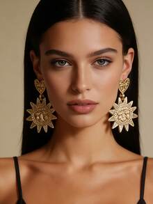 1 Pair Retro Minimalist Alloy Sunflower & Heart Pendant Earrings For Women - Sun Earrings - View 1