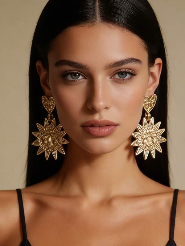 1 Pair Retro Minimalist Alloy Sunflower & Heart Pendant Earrings For Women