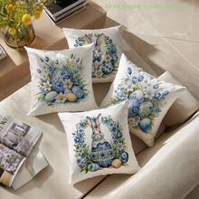 MEMNUN 4pcs Easter Vintage Rabbit, Blue & White Floral, Tulip, Daisy Flower Print Polyester Decorative Pillow Covers [No Pillow Insert], 17.7*17.7in(45*45cm)/19.69*19.69in(50*50cm)/15.75*15.75in(40*40cm), [Single-Sided Printing] Rabbit With Bow Tie, Blue & White Egg Easter Theme Throw Pillow Covers, Room Decor, Home Decor - Multicolor - View 10