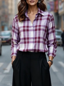 女士常规款紫色格子长袖衬衫，纽扣开襟，采用无弹力涤纶面料制成 - 紫色 - 查看 7