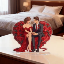 Decoración acrílica 2D, rosa de corazón rojo de pareja, decoración romántica para mesita de noche/tocador nupcial, centro de mesa de boda, decoración suave para San Valentín/aniversario de recién casados