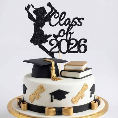 1Pc Black Glitter Class Of 2026 Graduation Cake Topper - Female Grad Silhouette Design, Congrats Grad Party Decorations For High School/College Graduation, Photo Props
