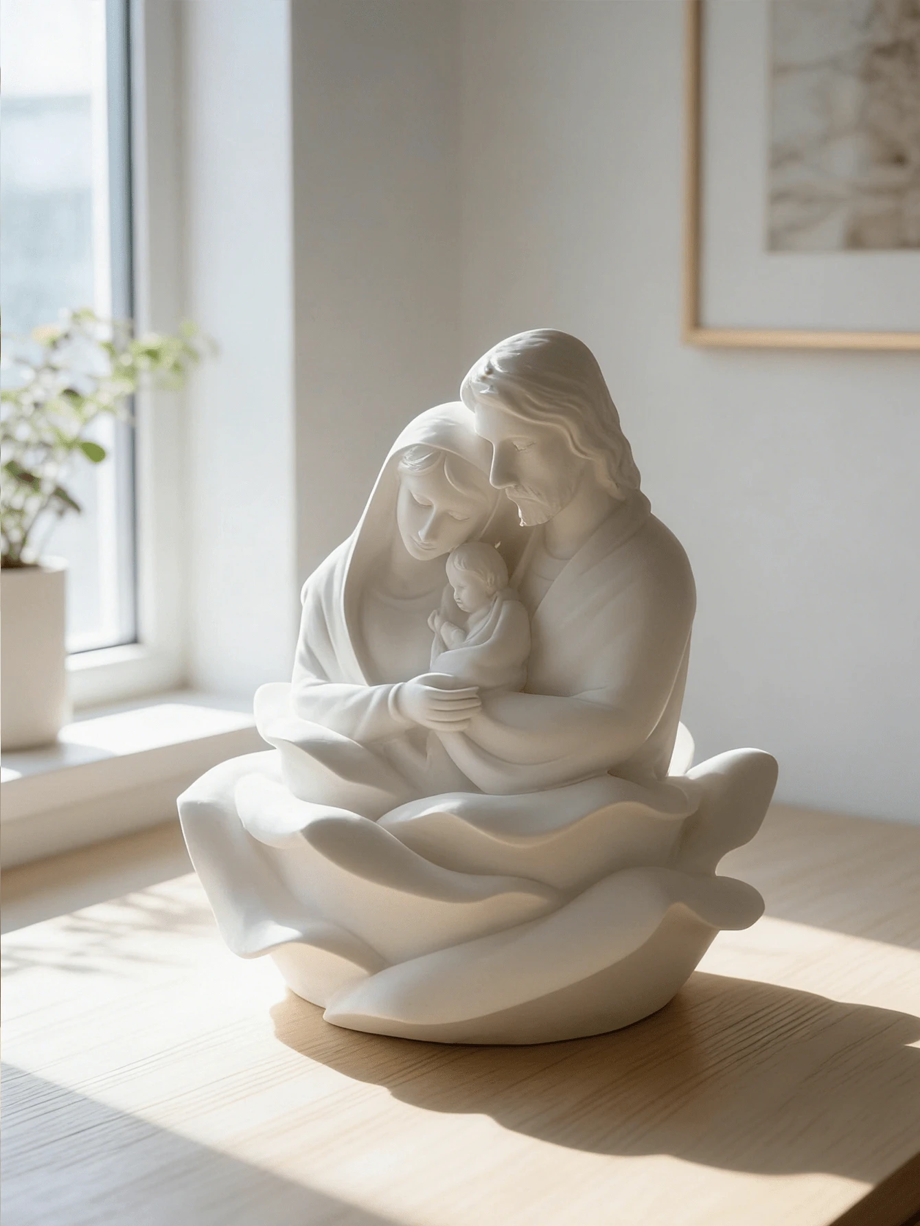 白色圣家雕像 - 圣母玛利亚、约瑟和圣婴耶稣的宗教摆件,适合摆放在客厅、祈祷角和书架上。优雅的树脂宗教装饰品,是基督教家庭和冥想空间的理想装饰。 - 彩色 - 查看 1