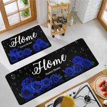 1/2/3 piezas Alfombra de cocina de primavera y verano para uso diario con diseño de rosas azules, alfombra de poliéster para cocina, baño, entrada, fiesta, decoración del hogar, alfombra de cocina, felpudo - Multicolor - Ver 2