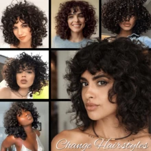 14 Inch Curly Wig With Bangs, Heat Resistant Synthetic Fiber Cosplay Wig - Dark Brown - View 5
