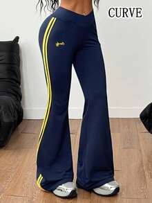 女士休闲喇叭裤，撞色条纹拼接 - 藏蓝色 - 查看 1