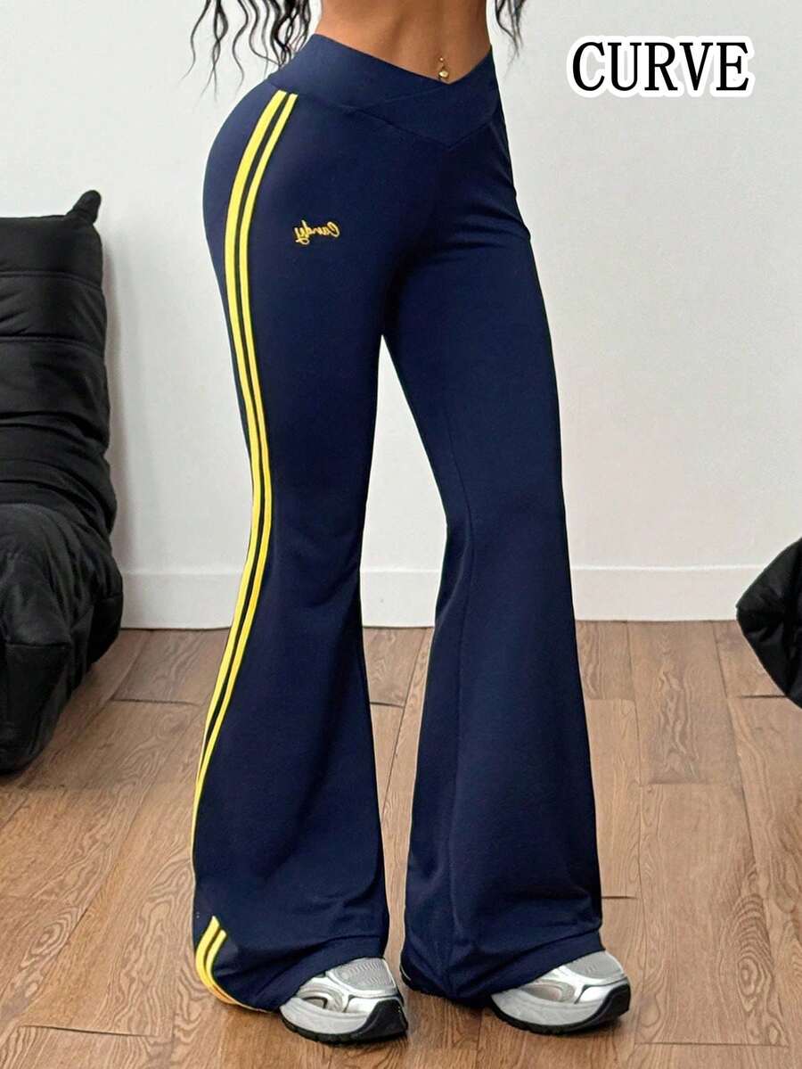 女士休闲喇叭裤，撞色条纹拼接 - 藏蓝色 - 查看 1