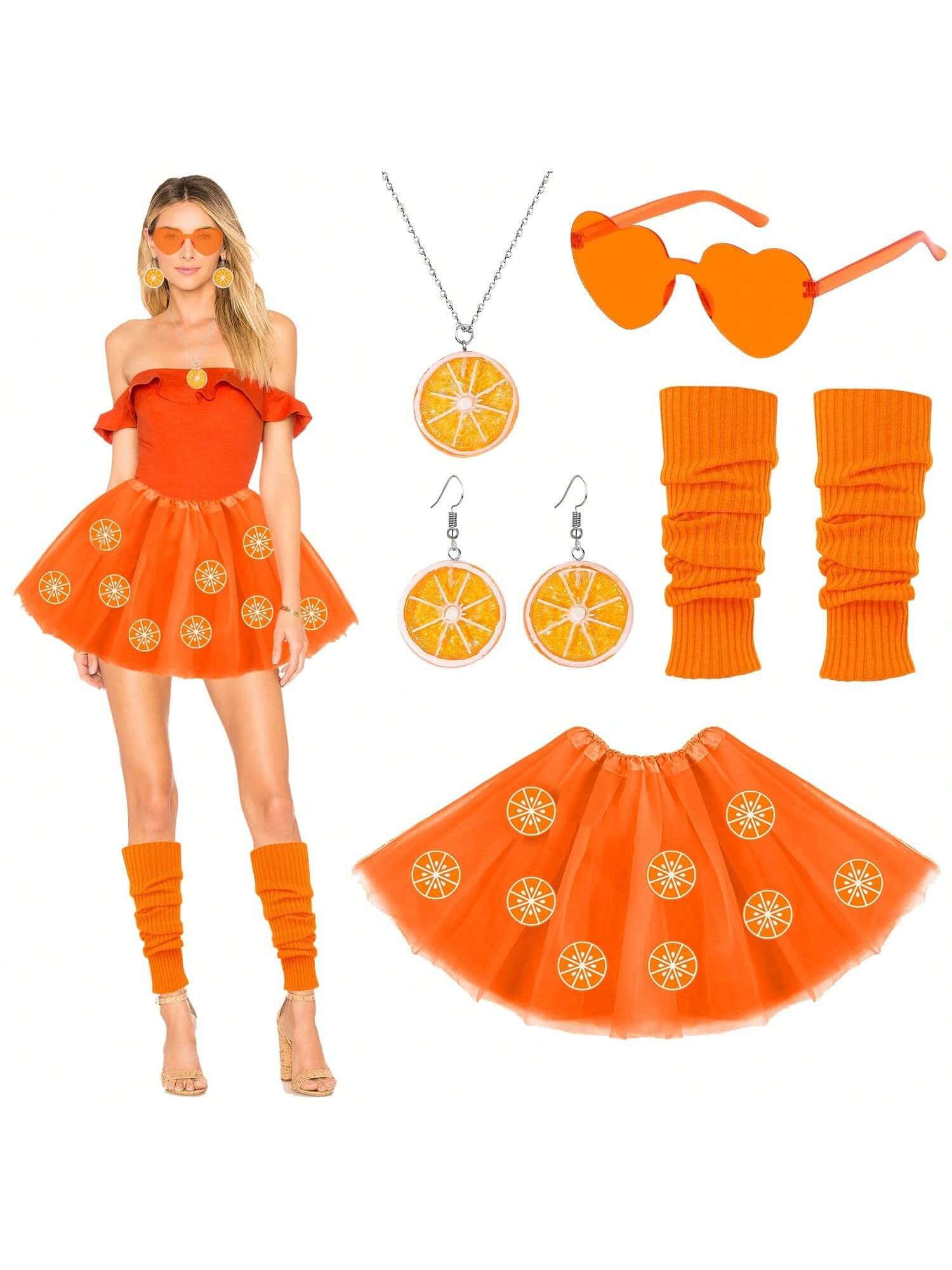 7pcs Aperol Spritz Lace Dress Set, Including Orange Earrings, Necklace, Heart-Shaped Sunglasses, Orange Socks, Women's Carnival Costume, Halloween Outfit - Burnt Orange - View 1
