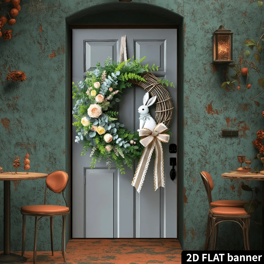 2D立体门帘，复活节兔子春季花环门帘 - 花卉设计，饰有毛绒白兔和金色蝴蝶结，采用耐用涤纶材质，易于悬挂，附赠礼盒，是节日家居入口装饰的理想之选。