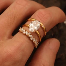 VKHK 3件套奢华镀金铜镶闪亮锆石戒指套装，适合女性婚礼佩戴及作为礼物 - 3件組戒指 - 查看 2