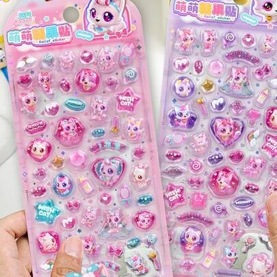 Cute Cartoon Stress Relief Sticker Set: Unicorn, Cat And Candy Stickers - Ideal For Decorating IPad, Laptop, Notebook, Water Bottle, Photo Album, Etc. | Colorful Glitter Decorations, Perfect For Fantasy Enthusiasts And Valentine's Day Gifts