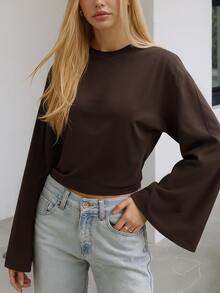 舒适女士针织圆领长袖T恤，略带弹性，棕色上衣，适合春夏穿着，情人节休闲款 - 棕色 - 查看 4