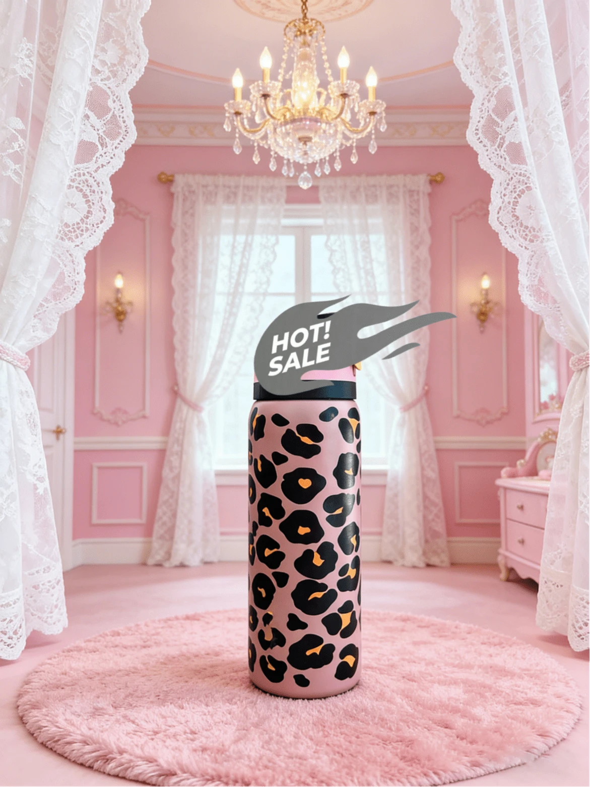 New Owa-Lla 32 Oz Sweet & Edgy Girl Pink Leopard Print Stainless Steel Insulated Water Bottle - Double-Wall Vacuum Insulated Portable Cup With Handle & Straw, Perfect For Summer Drinks, Ideal For Travel & Office, Holds Hot & Cold Beverages, Great Valentine's Day Gift - Áo thun in họa tiết da báo hồng, dung tích 32oz. - Xem 1