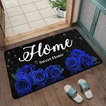 1/2/3 piezas Alfombra de cocina de primavera y verano para uso diario con diseño de rosas azules, alfombra de poliéster para cocina, baño, entrada, fiesta, decoración del hogar, alfombra de cocina, felpudo - Multicolor - Ver 18