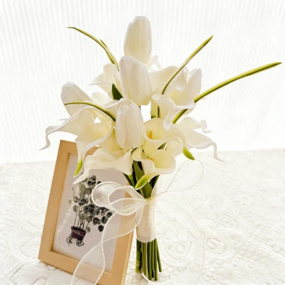 Calla Lily Bridal Wedding Holiday Decor Bouquet, Latex Artificial Flower Bouquet For Mother's Day, Easter, Home, Kitchen, Wedding Decor, Spring Floral Arrangement, Party, Wedding Centerpiece