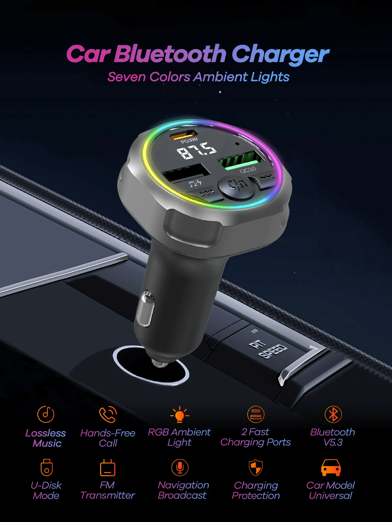 REMAX USB C Bluetooth Adapter For Car, AUX Wireless FM Radio Transmitter, PD 30W Dual Port Fast Charger, Hands-Free Calling & Audio Receiver, MP3 Music Player, QC3.0 & Type-C PD USB Charger, Colors LED Backlit, TF Card Supported, Fast Charging Cigarette Lighter, Car Accessories, Super Practical Car Stuff - C63 - Xem 1