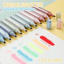12pcs Gradient Color Cute Soft Fluorescent Highlighter Pen Set, Quick Dry, Smudge-Proof, Suitable For Bright Note-Taking - Multicolor - View 3