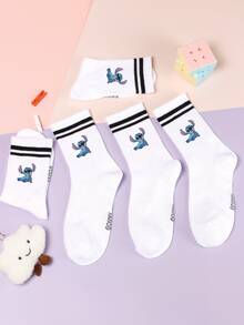 5/1 Double Stitch Cute Cartoon Pattern Middle Socks With Sports Stripe Design, Made Of Polyester Fiber Material, Cute Cartoon Pattern, Fashionable, Casual And Breathable, Suitable For Daily Wear, School Season And Holiday Gifts. - Multicolor - View 3