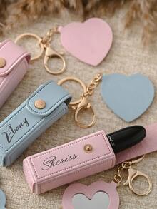 Customizable Lipstick Pouch, Solid Color PU Leather Personalized Lipstick Holder Bag With Heart-Shaped Mirror, Women's Makeup Keychain, Customizable Name & Heart-Shaped Bag Charm, Fashion Keychain Pendant, Heart-Shaped Mirror Decor Lipstick Pouch, Bag Accessories, Personalized Customization, Ideal Gift For Her - Multicolor - View 2