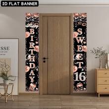 2pcs 2D Flat Sweet 16 Birthday Door Hanging Banner, Rose Gold Polyester Happy Birthday Sign, No Power Needed, Suitable For Girls 16th Birthday Party Decor And Photo Props, Shiny Birthday Banner Crafted - Black - View 2