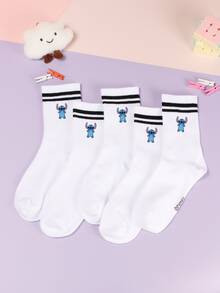 5/1 Pair Cute Cartoon Pattern Mid-Calf Socks, Sports Stripe Design, Made Of Polyester Fiber, Fashionable Casual Breathable, Suitable For Daily Wear, Back To School Season And Holiday Gifts - Multicolor - View 10