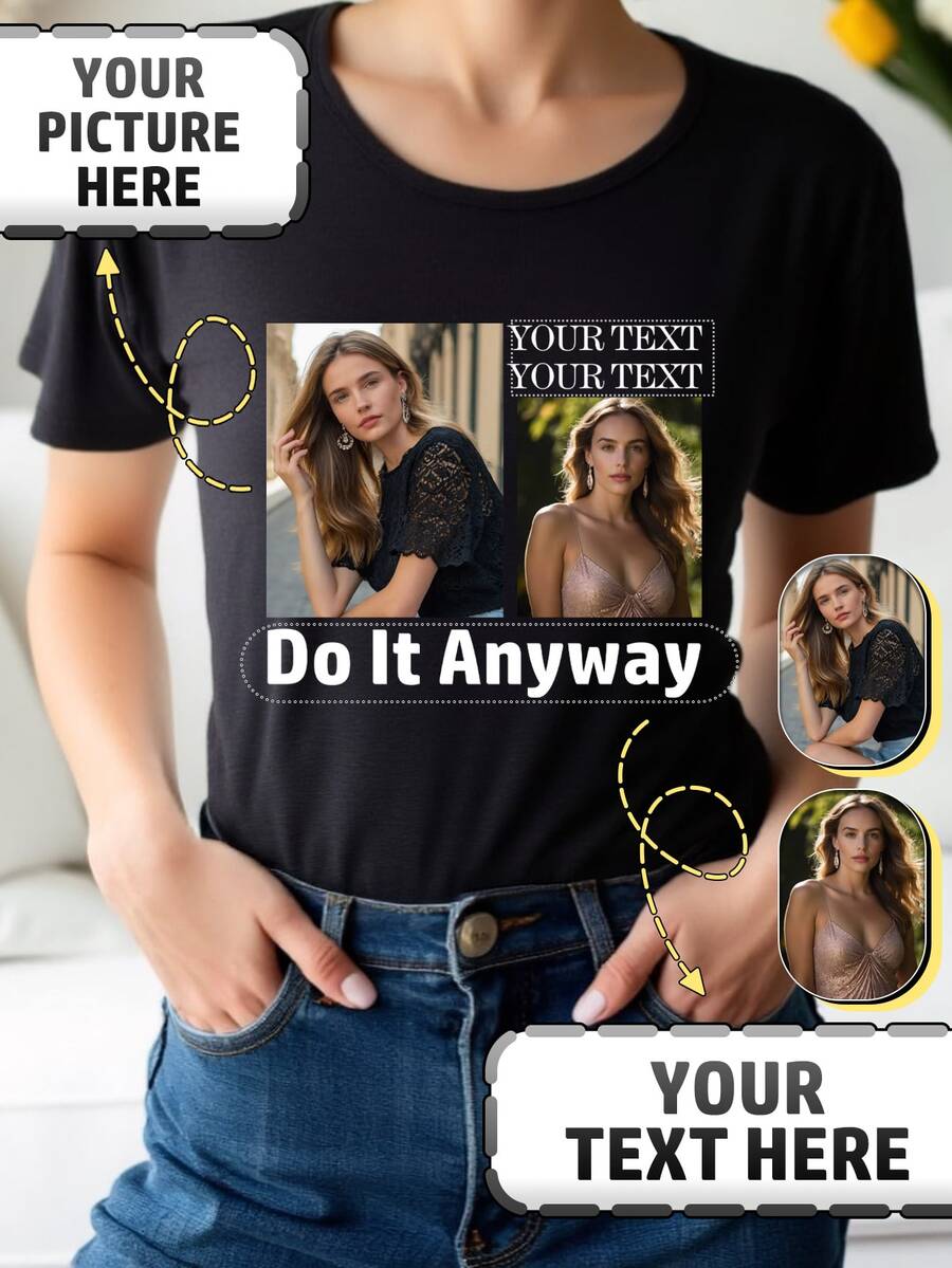 Customized Text & Graphic Loose T-Shirt, Personalized Family Gathering, Group Outfit, Customize Your Text & Photo/Couple/Family/Pet/Friend, Music Festival Outfit, Autumn Clothing, Women's Top, Fall Outfit, White Top, Holiday Gift, Valentine's Day Gift, Anniversary Gift, Wedding Gift, Best Friend Gift, Music Festival Women's Wear - Black - View 1