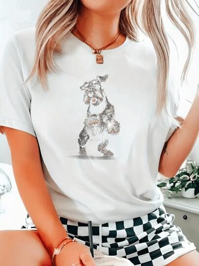 Mujer Camiseta Blanca con Estampado de Perro Schnauzer Cuello Redondo Informal para Verano y Ocio Moda Casual para Mujeres