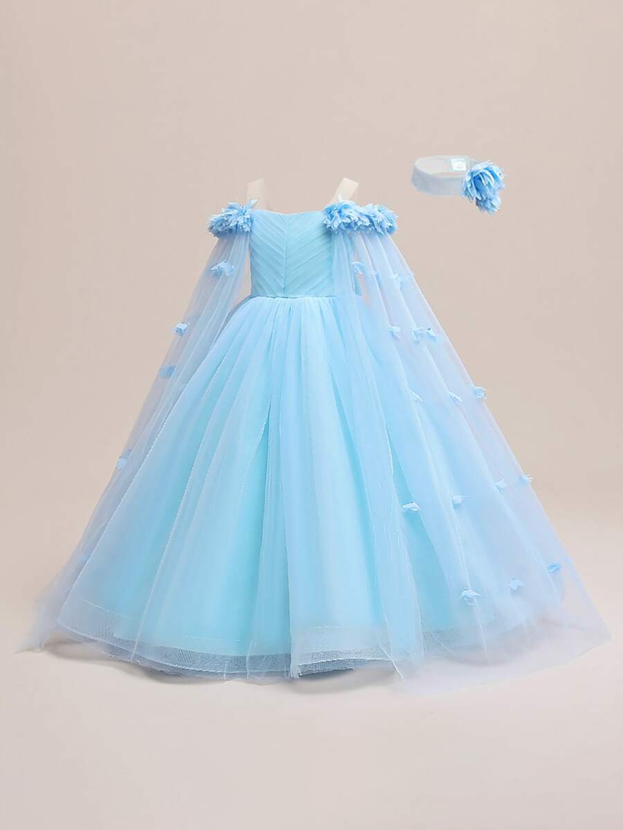青少年女孩網紗3D花朵公主禮服 優雅正式舞會長裙 不含髮箍 - 藍色 - 查看 1