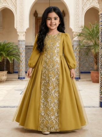 Ramadan långärmad klänning för flickor, islamisk stil gyllene satinbroderad spets, blygsam och elegant