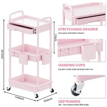3 Tier Rolling Storage Cart With Drawers Rolling Utility Cart With Drawers,Room Decor,Bathroom Decor,Rolling Utility Cart Rolling Storage Organizer Tool For Kitchen,Bathroom,Living Room,Office Outdoor Decor - 粉色 - 查看 3