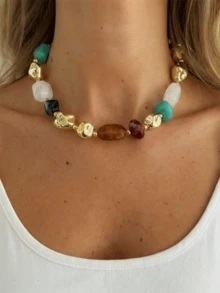 1件复古波西米亚风夸张树脂串珠项链，复古项链，适合女性佩戴 - 金色 - 查看 12