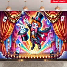 Phông nền 2D phẳng chủ đề ảo thuật gia chú hề xiếc – Chất liệu polyester, biểu ngữ chủ đề ảo thuật, với hình ảnh chú thỏ đội mũ phớt, quân bài, rèm đỏ và họa tiết ánh sáng sân khấu. Thích hợp cho tiệc sinh nhật trẻ em, sự kiện chủ đề xiếc, trang trí lớp học mầm non, phông nền chụp ảnh, đồ dùng lễ hội, phòng, vườn và đạo cụ studio chụp ảnh – Lý tưởng cho trang trí nhà cửa và trang trí tiệc tùng. Có nhiều kích cỡ khác nhau. - Nhiều màu - Xem 6