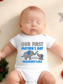 Mother's Day, Round-Neck Baby Romper, OUR FIRST MOTHER'S DAY, MOMMY And ME,2026, Letter Printing, Cute Cartoon Elephant, Pattern Printing, Soft And Fit, Casual And Versatile, Suitable As A Holiday Gift - 白色 - 查看 1