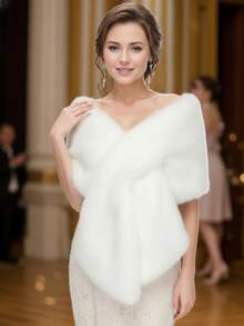 Elegant Solid Color Faux Fur Shawl, Women's Warm Fleece Scarf For Autumn/Winter, Suitable For Wedding, Party, And Evening Gown - White - View 2